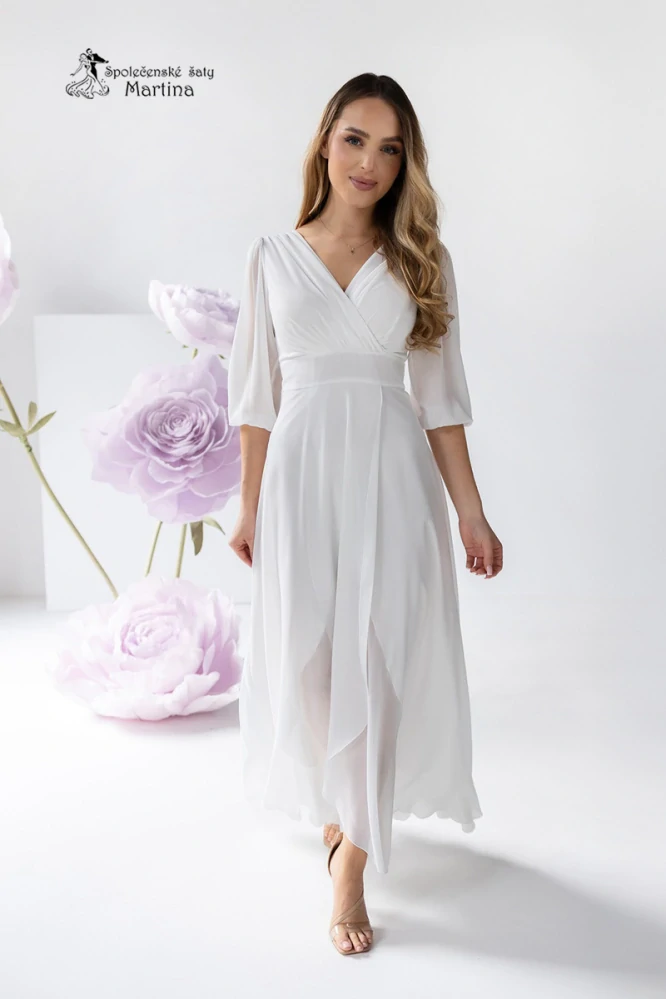 Dlouhé svatební asymetrické šifonové šaty "Abigail" s ¾ rukávem