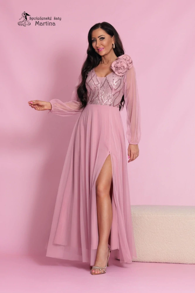 Pudrově růžové plesové šaty s dlouhými tylovými rukávy a sukní "Saffron" - vel. 36