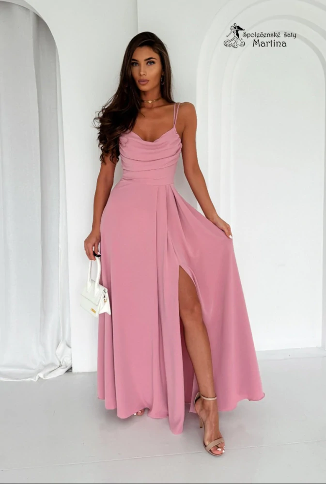 Pudrově růžové společenské šaty "Valeria" s výstřihem "voda" - vel. 38