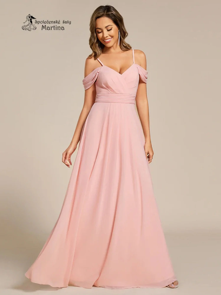 Světle růžové šaty pro družičku či svatební hostku se spadenými rukávy "Emina"