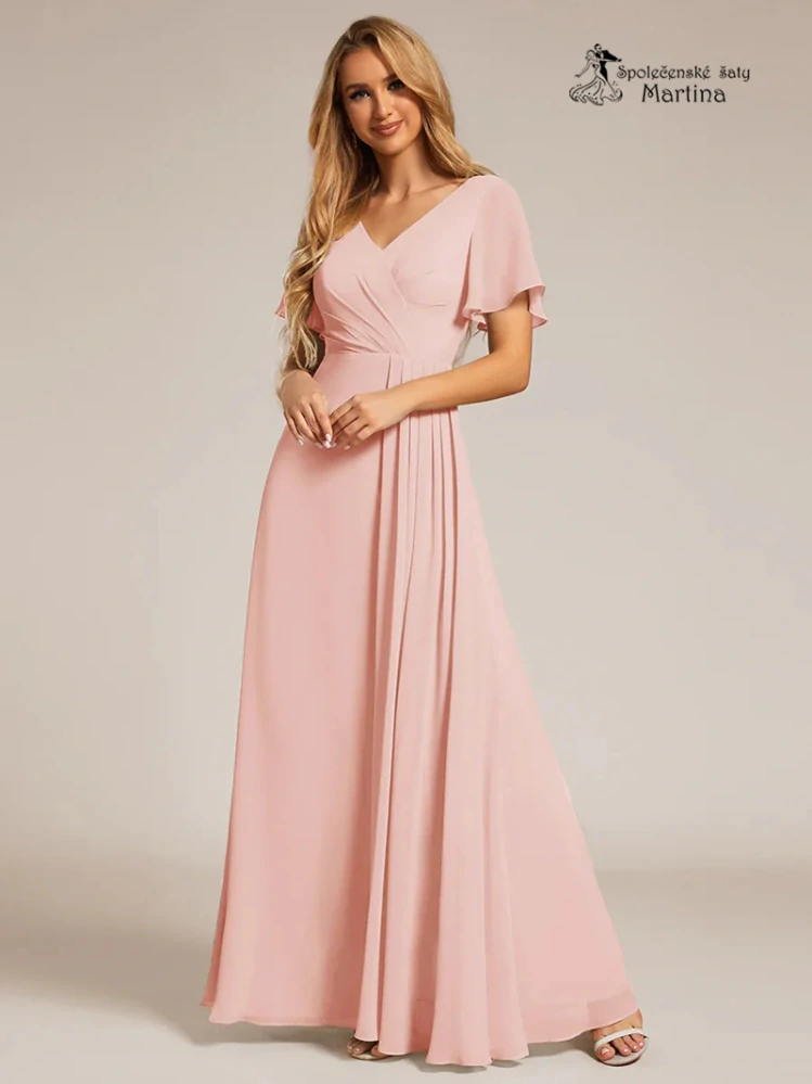 Elegantní růžové společenské šaty s volnějším krátkým rukávem "Janine"