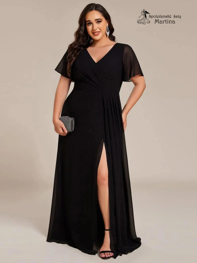 Elegantní černé společenské šaty s volnějším krátkým rukávem "Janine" - vel. 50