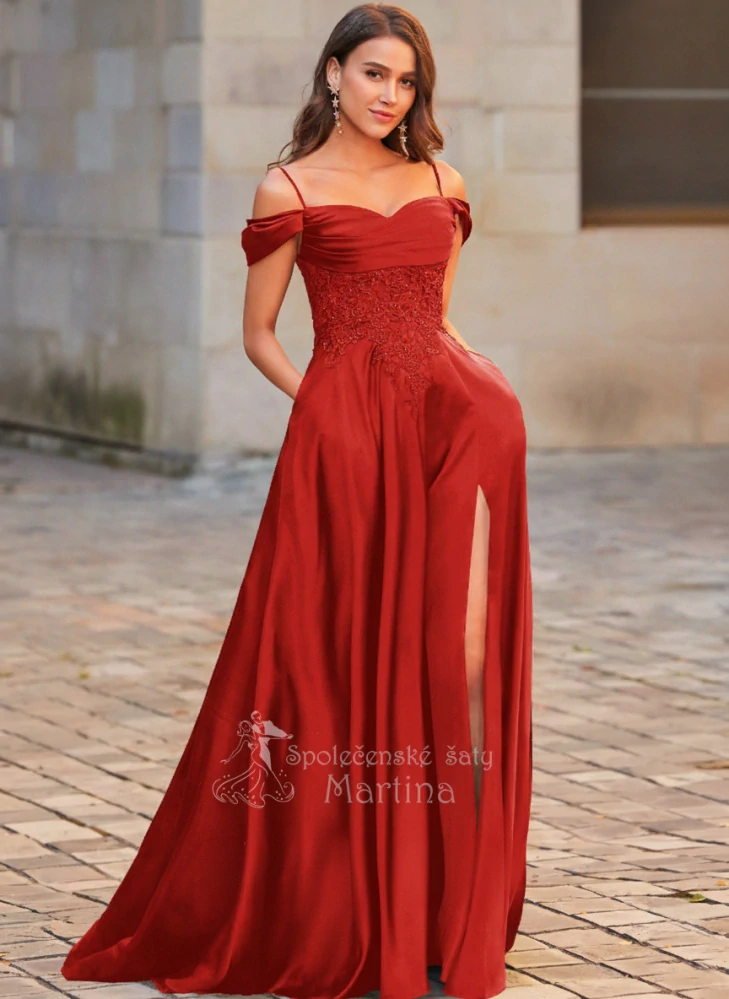 Červené saténové společenské šaty "Holly" s krajkovým korzetem a spadenými rameny - vel. 42