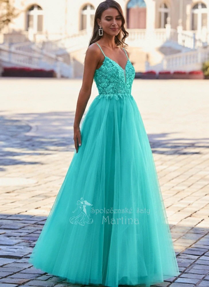 Mintové tylové společenské šaty "Ophelia" s vyšívaným živůtkem a hlubokým výstřihem