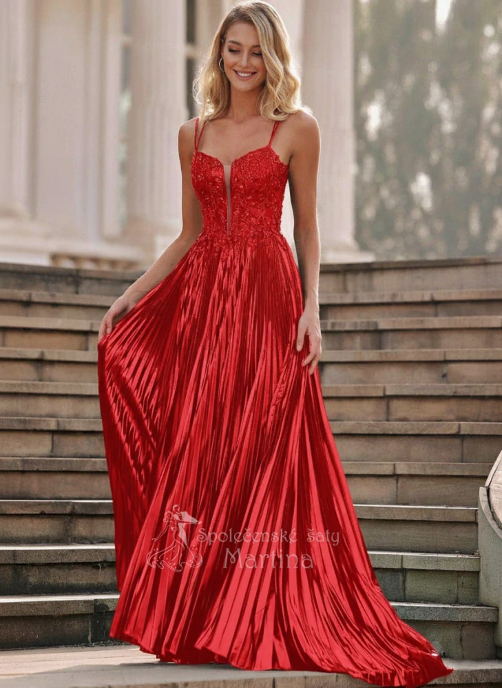 Červené společenské šaty "Indie" s plisovanou sukní a korzetovým živůtkem - vel. 38