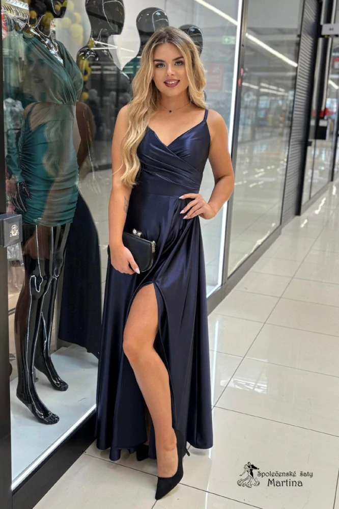 Tmavě modré saténové společenské šaty "Stella" s rozparkem a překládaným živůtkem - vel. 32