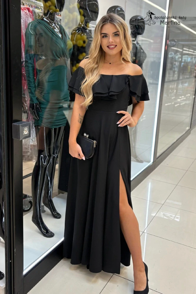Černé šaty s volánem "Natalia" s odhalenými rameny a rozparkem