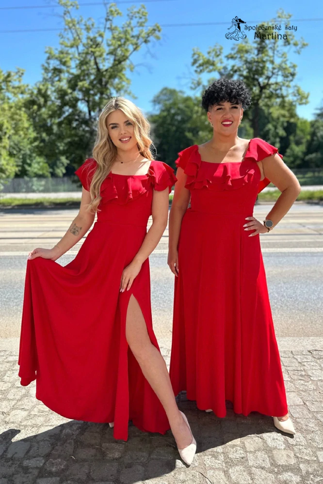 Červené šaty s volánem "Natalia" s odhalenými rameny a rozparkem