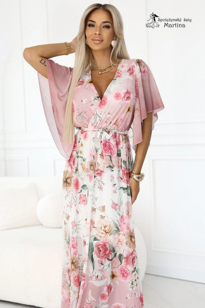 Růžové vzdušné maxi šaty “Cameron“ s květinovým ombré