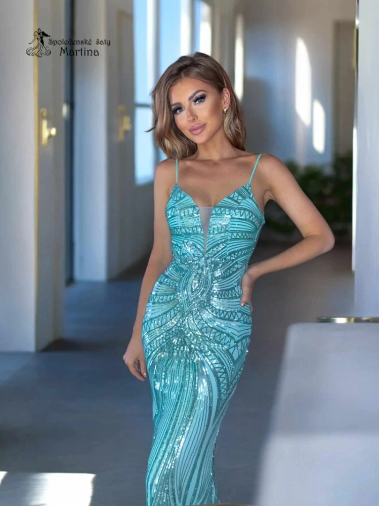 Mintové celoflitrové bodycon luxusní šaty "Yellow" s korálky na zádech