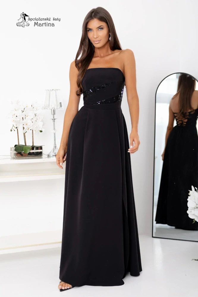 Černé společenské šaty "Rossana" s flitrovým živůtkem a šněrováním na zádech