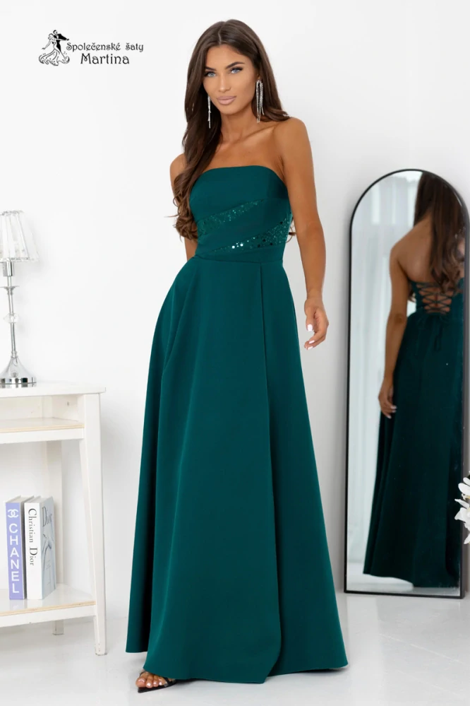 Lahvově zelené společenské šaty "Rossana" s flitrovým živůtkem a šněrováním na zádech