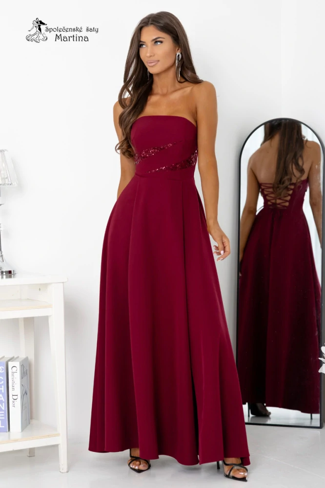 Vínové společenské šaty "Rossana" s flitrovým živůtkem a šněrováním na zádech