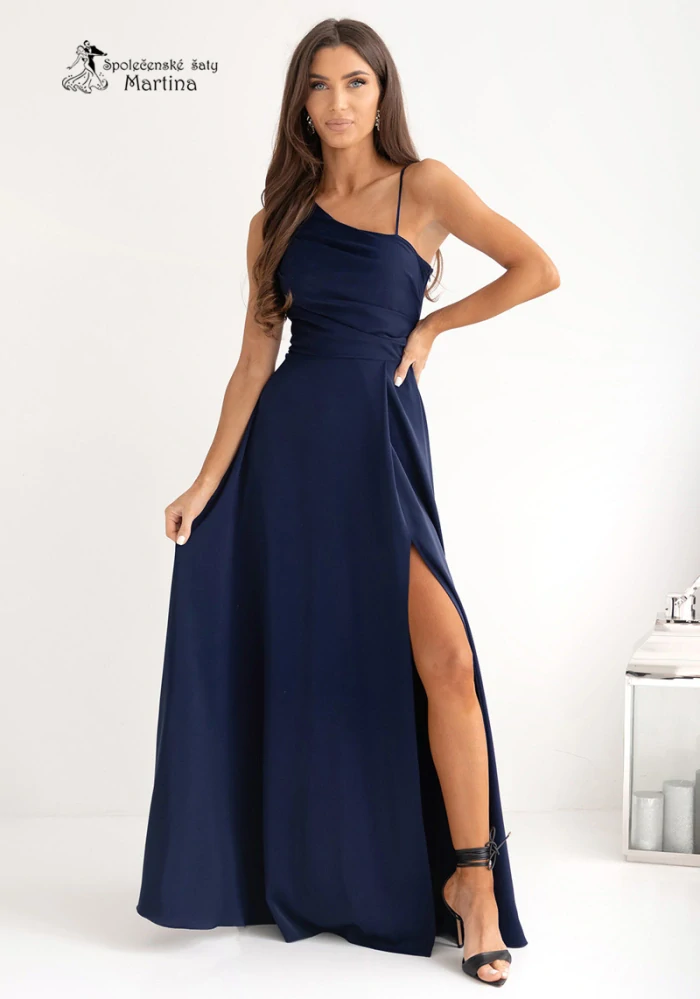 Tmavě modré společenské šaty "Monako" na jedno rameno a šněrováním na zádech