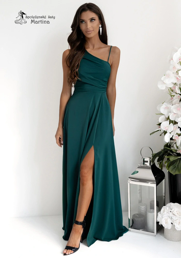 Lahvově zelené společenské šaty "Monako" na jedno rameno a šněrováním na zádech