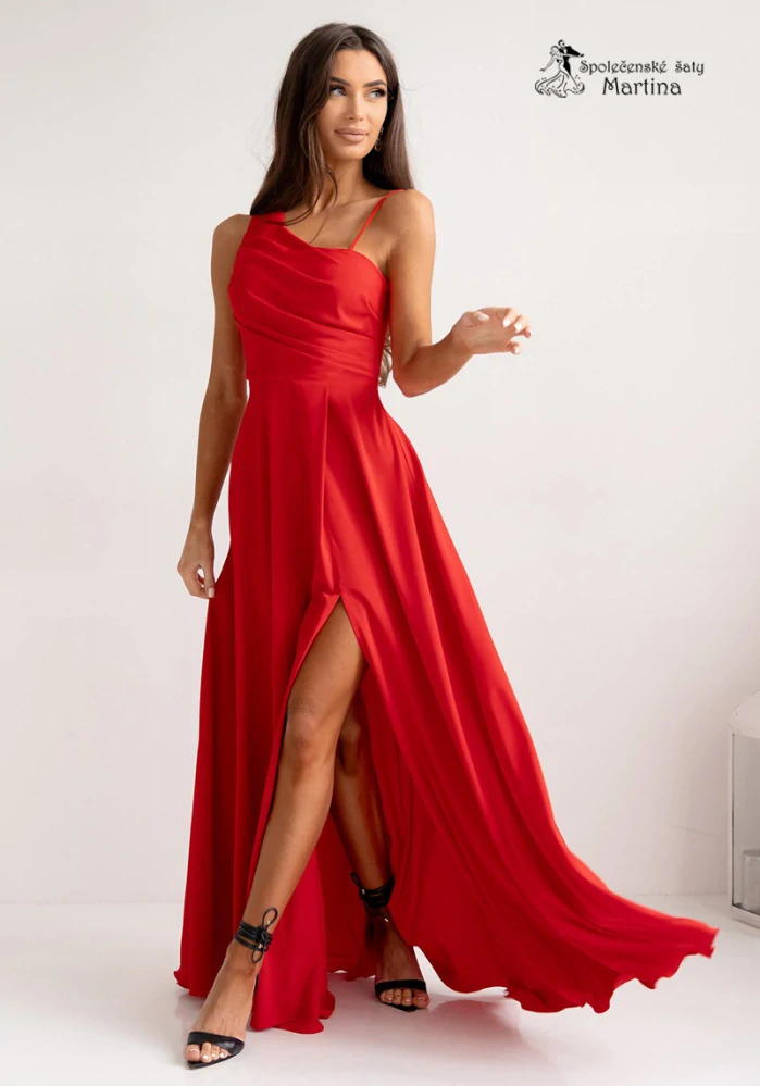 Červené společenské šaty "Monako" na jedno rameno a šněrováním na zádech