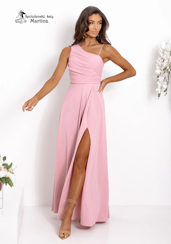 Pudrově růžové společenské šaty "Monako" na jedno rameno a šněrováním na zádech