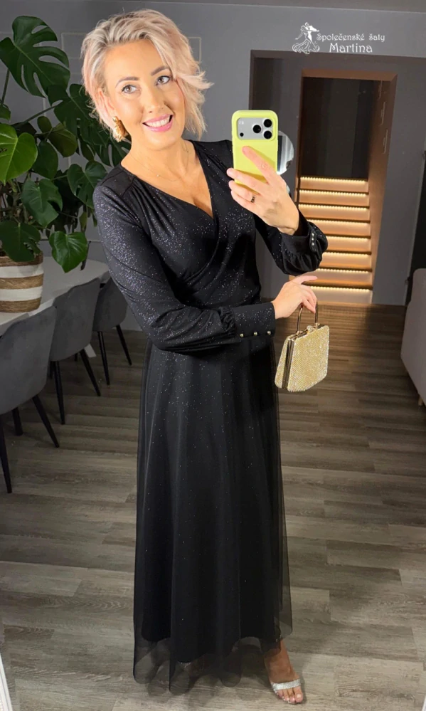 Černé třpytivé společenské šaty "Harlow" s lehkou tylovou sukní - vel. 48