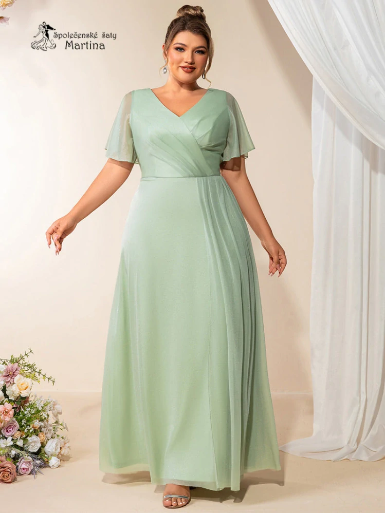 Zelenkavé společenské šaty "Jola" s jemným třpytem a motýlími rukávy - vel. 44