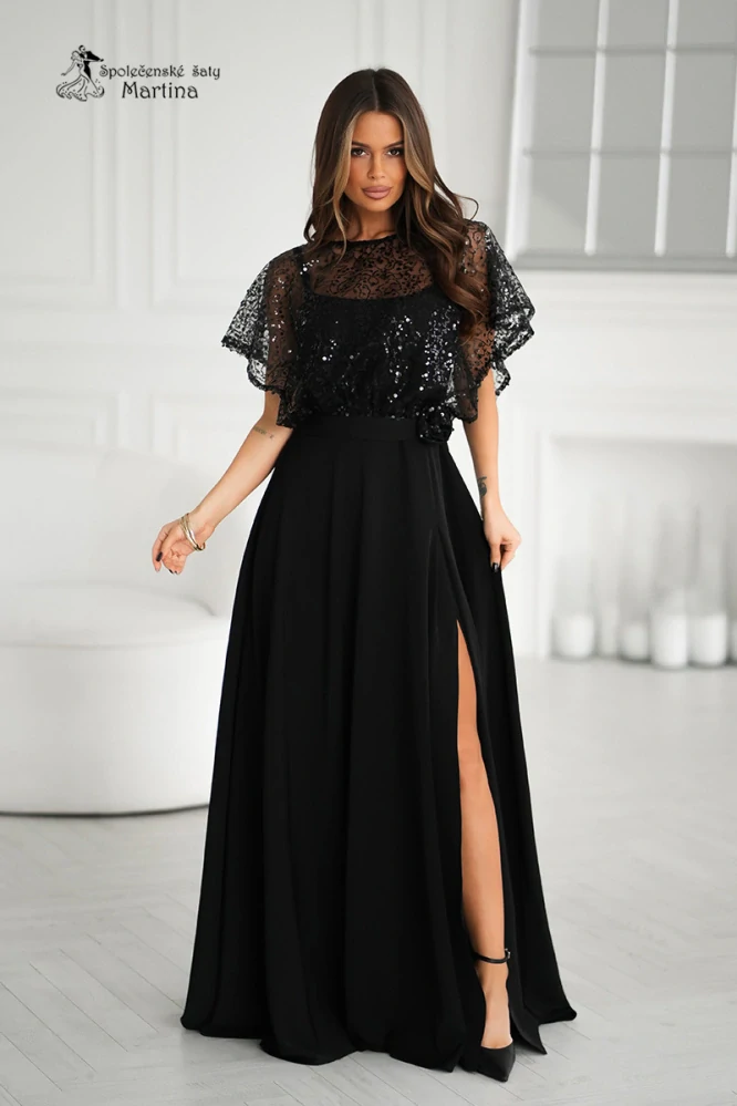 Černé společenské šaty "Phoenix" s flitrovým živůtkem a rozparkem - vel. 42
