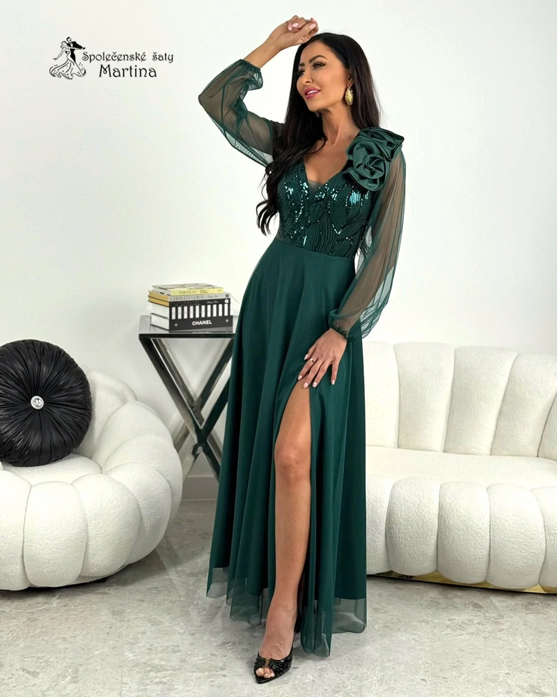 Zelené společenské šaty "Saffron" s květinovou aplikací a flitrovým živůtkem - vel. 36