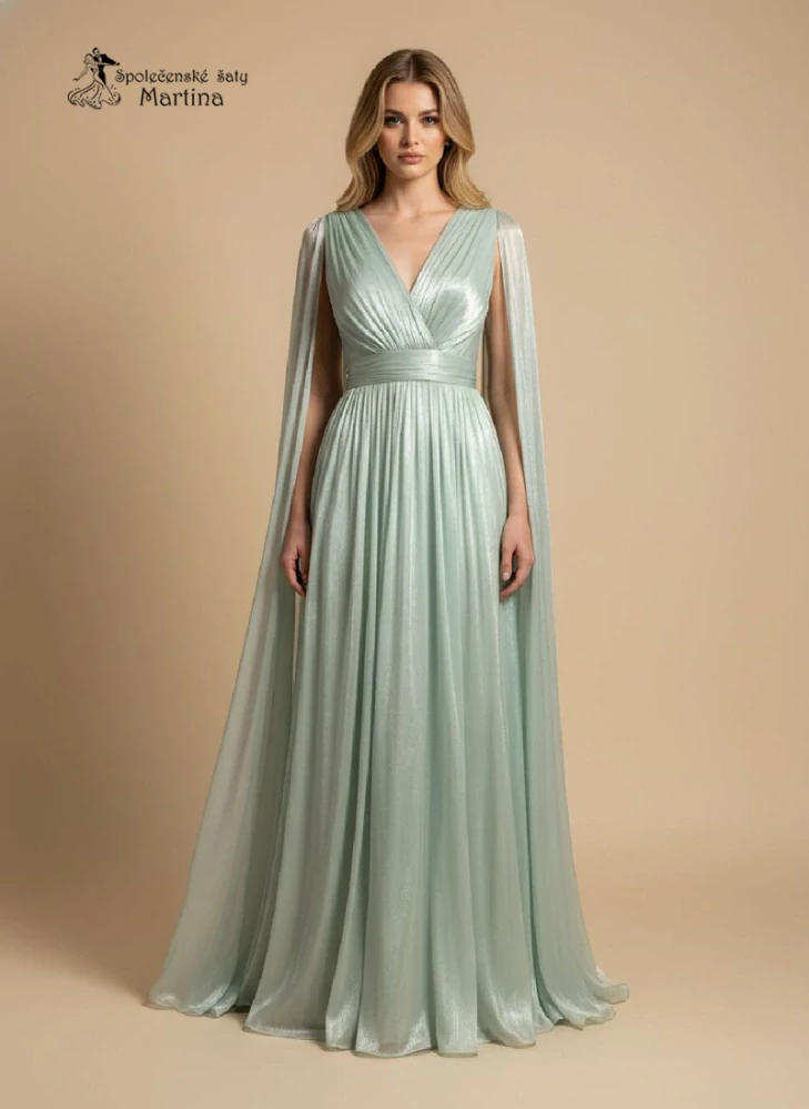 Šalvějové společenské šaty "Diane" s plisovaným živůtkem a splývavými rukávy - vel. L