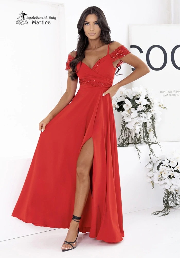 Lehké červené společenské šaty "Jeri" s flitrovým zdobením a rozparkem
