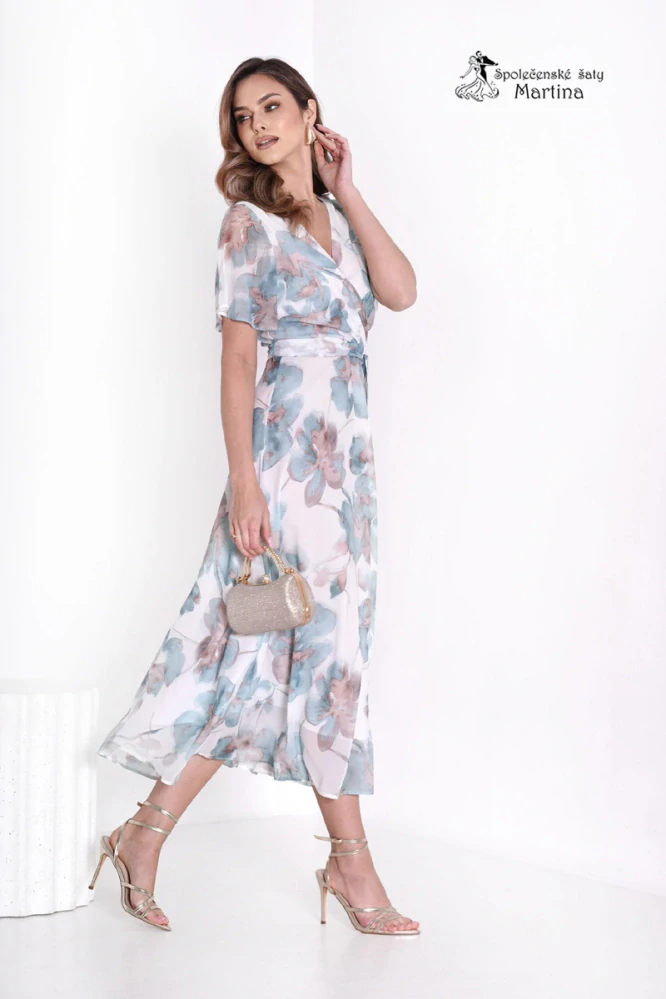 Šalvějové lehké květované šaty "Perle" s překládaným výstřihem a páskem - vel. 46
