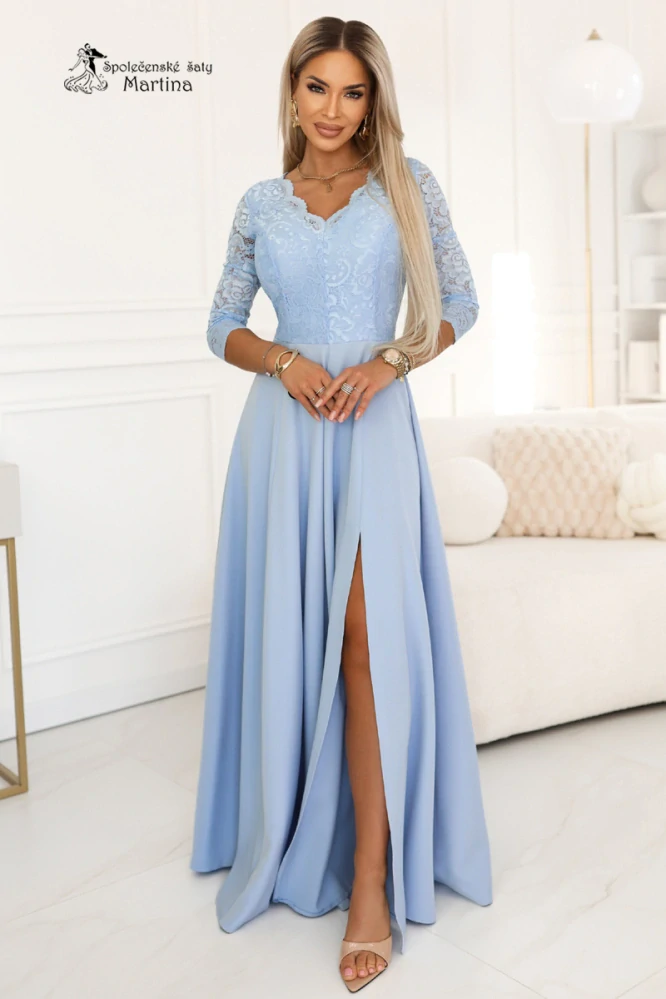 Dlouhé světle modré šaty "Amber" s krajkovým živůtkem a 3/4 rukávy 