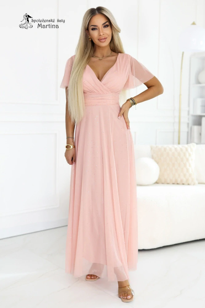 Broskvové třpytivé společenské šaty "Melania" s volnými rukávky