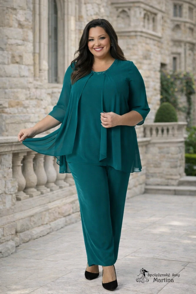 Zelený 2-dílný společenský kalhotový kostým "Leokadia" - vel. 54