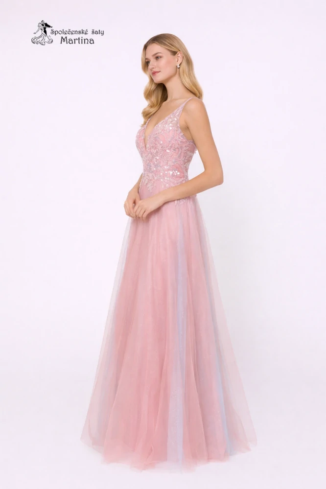 Růžové tylové společenské šaty "Inesa" s vyšívaným živůtkem