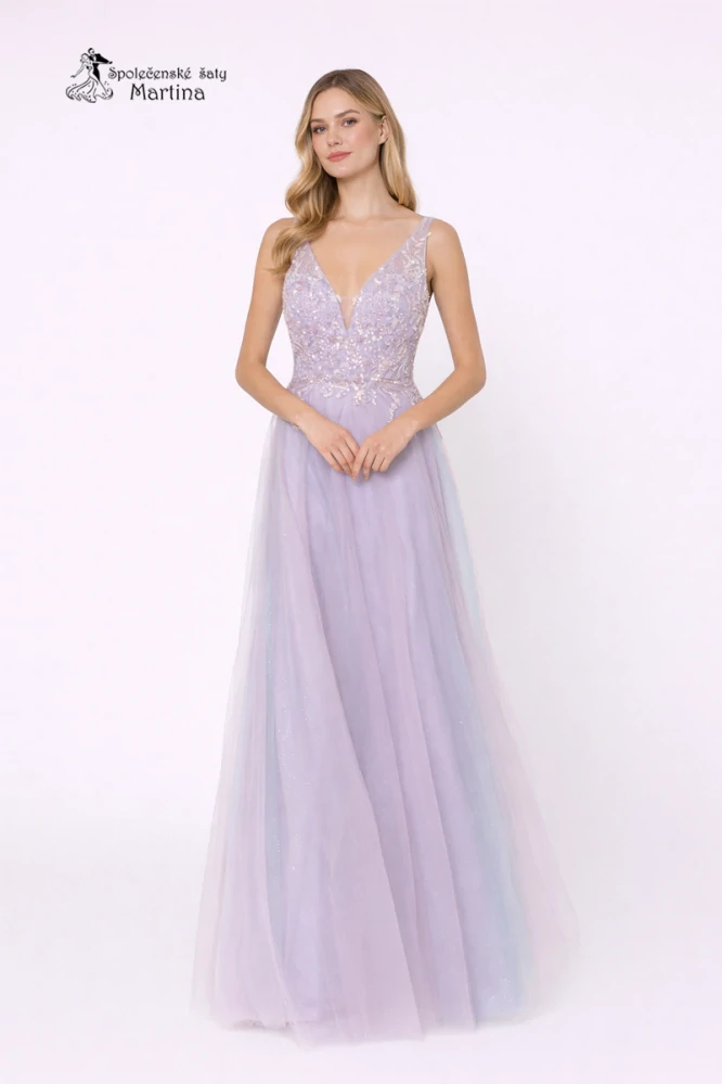Lila tylové společenské šaty "Inesa" s vyšívaným živůtkem