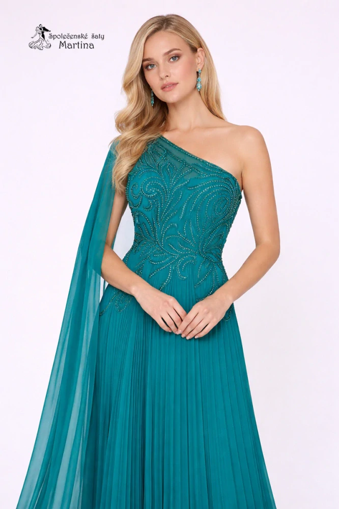 Tyrkysově zelené plisované společenské šaty "Adria" na jedno rameno 