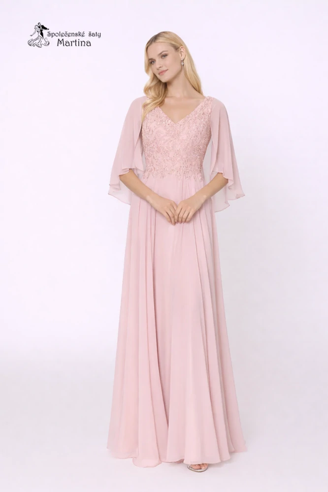 Světle růžové společenské šaty "Tamis" s krajkovým živůtkem a šifonovým překrytím - vel. 38