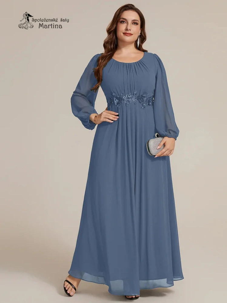 Staromodré plus size společenské šaty "Tina" s květinovým zdobením a dlouhými rukávy