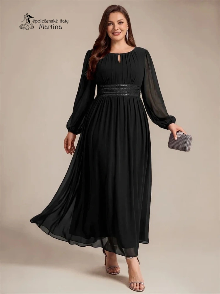 Černé plus size šifonové společenské šaty "Dorothy“ s flitrovým pasem a dlouhými rukávy