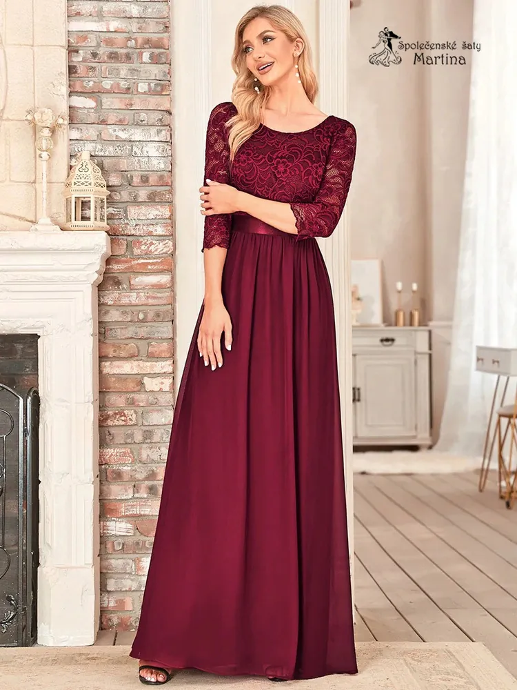 Vínové společenské šaty s 3/4 krajkovými rukávy "Trish" - vel. 38