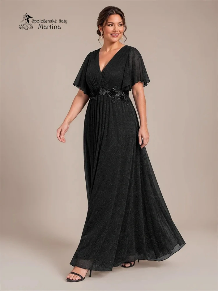 Černé plus size společenské šaty "Noelle" s třpytivou sukní a volnými rukávy