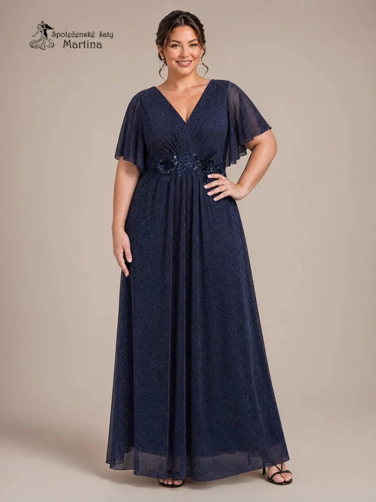 Tmavě modré plus size společenské šaty "Noelle" s třpytivou sukní a volnými rukávy