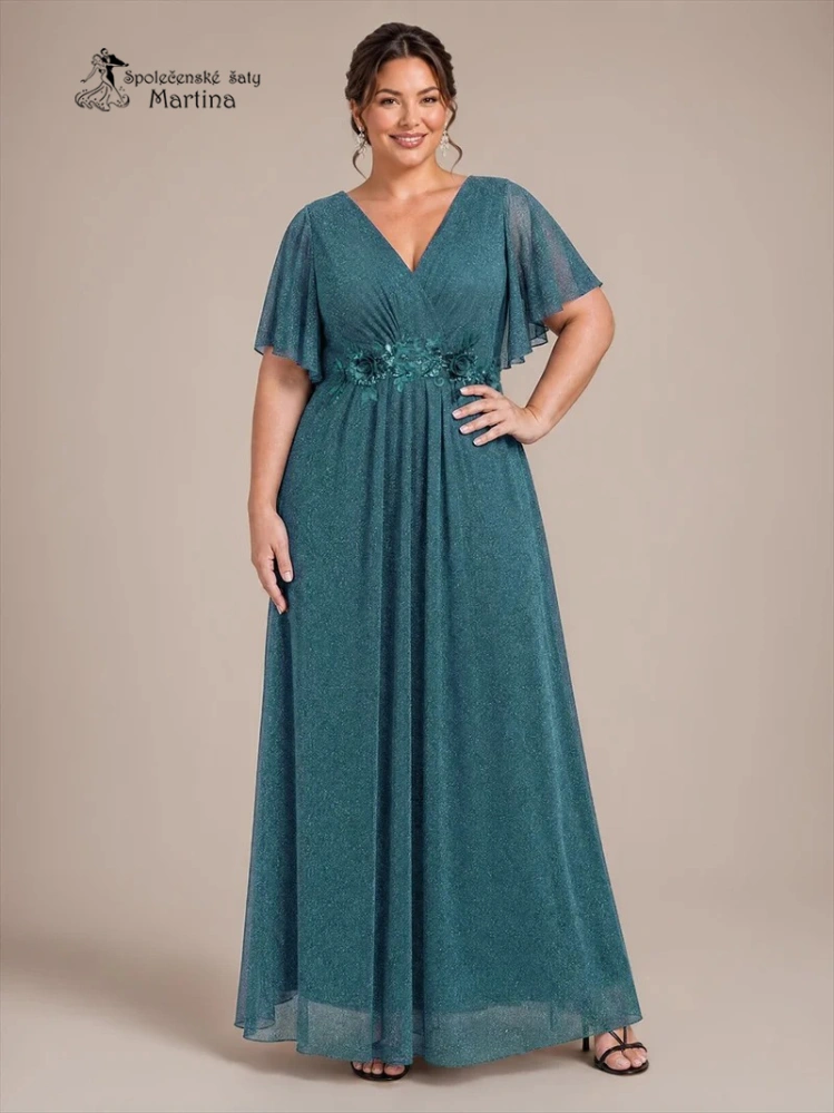 Petrolejové plus size společenské šaty "Noelle" s třpytivou sukní a volnými rukávy