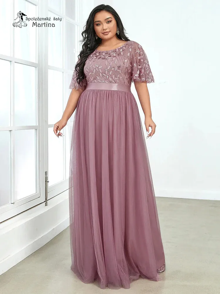 Starorůžové společenské šaty "Celeste XXL" s krátkým rukávkem  