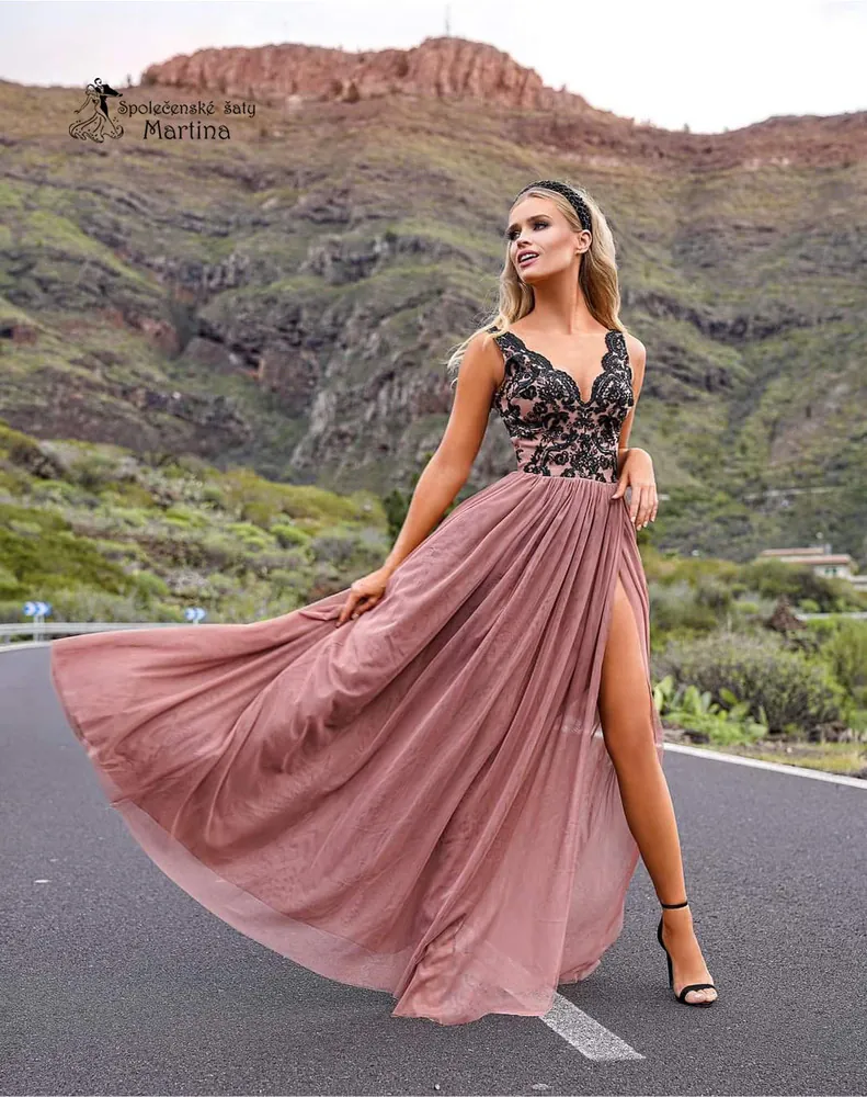 Černé-cappuccino šaty "Chiara" s jemnou tylovou sukní a krajkovým živůtkem 