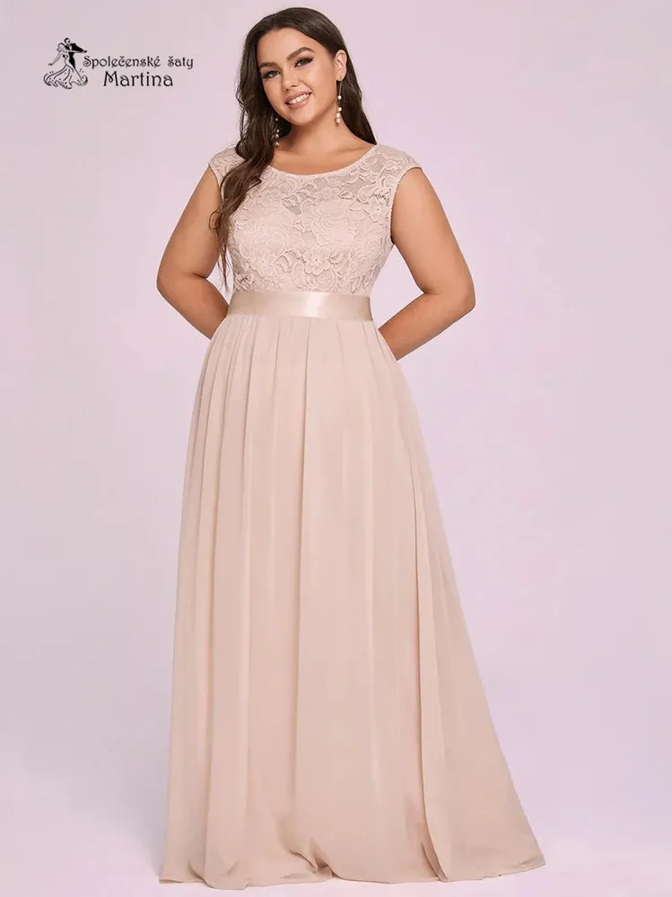 Champagne společenské šaty "Siera XXL" s krajkovým živůtkem