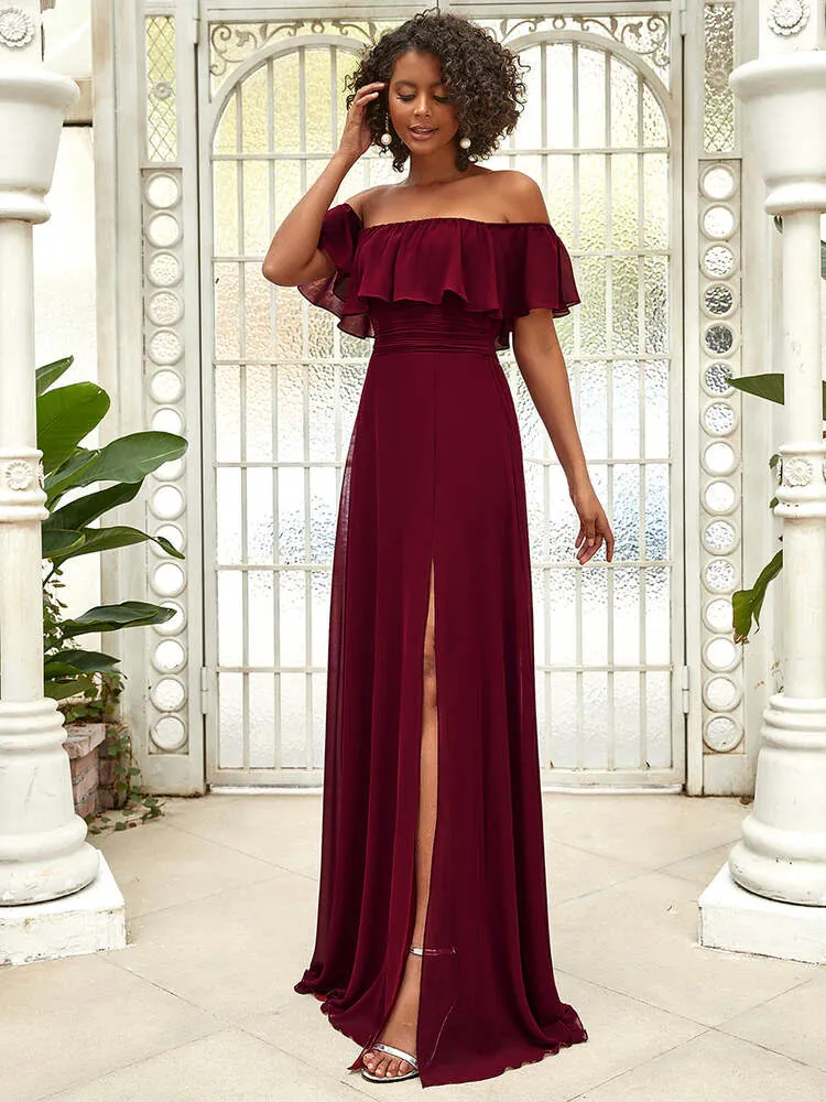 Vínové šaty pro družičky "Alma" se spadenými rukávy 