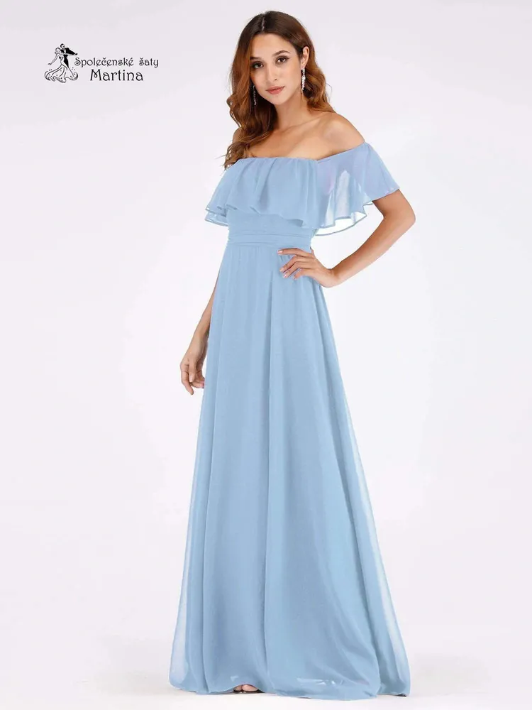 Blankytně modré šaty pro družičky "Alma" se spadenými rukávy 