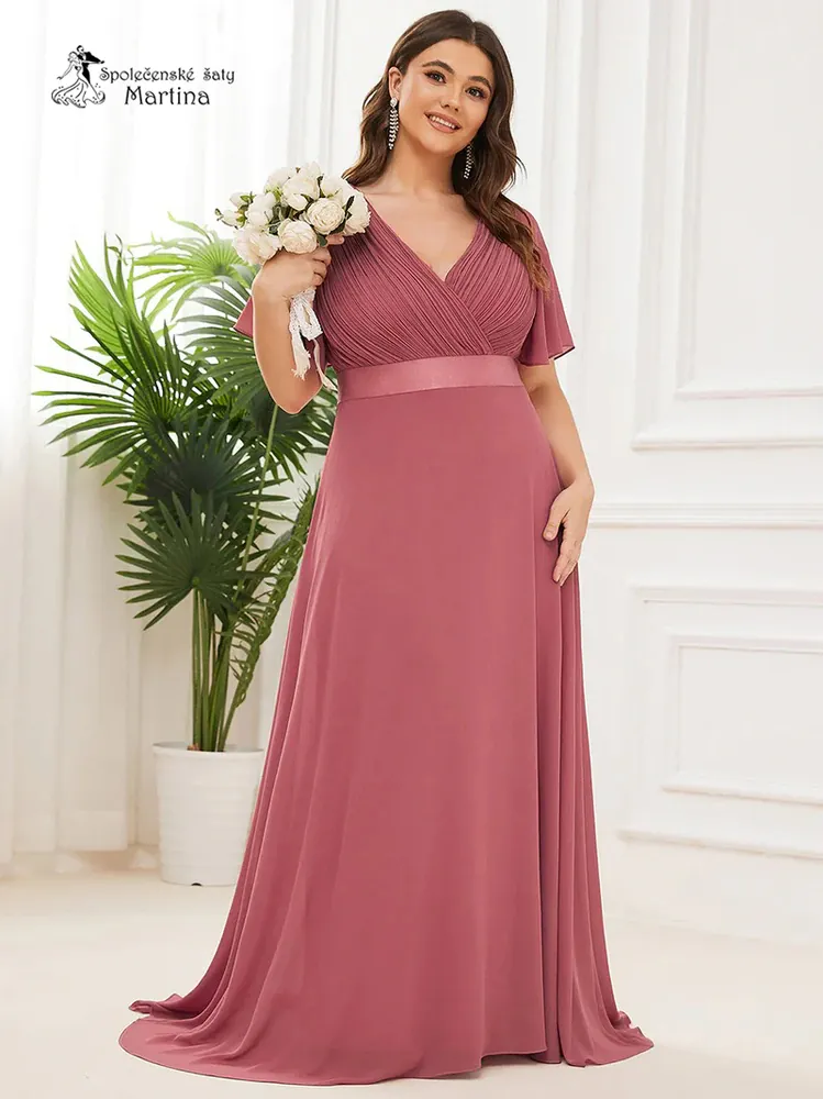 Jahodové šifonové šaty "Camila XXL" antického střihu