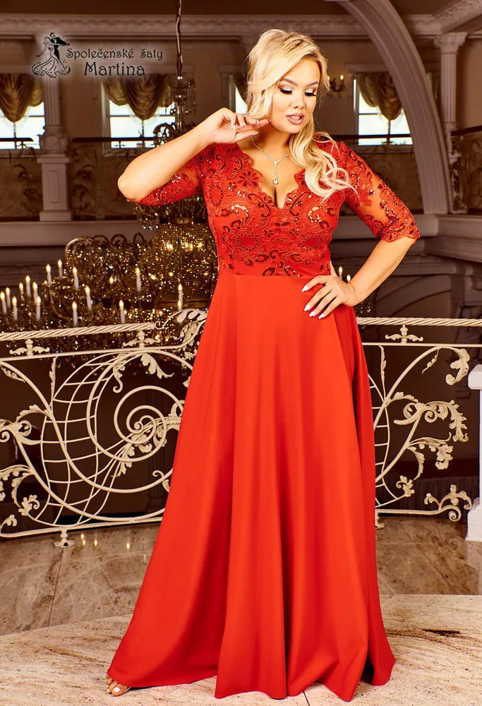 Červené dlouhé společenské šaty "Roxy" s 3/4 rukávem 