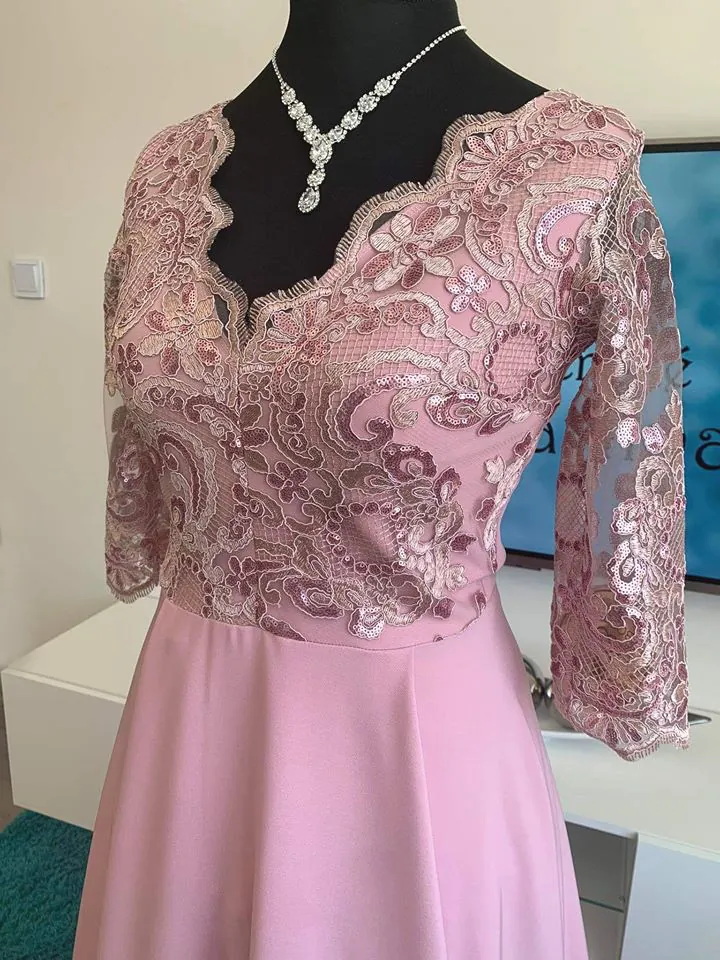 Pastel pink dlouhé společenské šaty "Roxy" s 3/4 rukávem - vel. 38