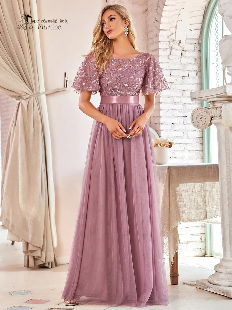 Starorůžové společenské šaty "Celeste" s krátkým rukávkem - vel. 42